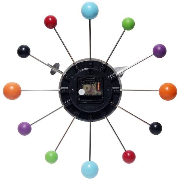 Orb Spoke -15 Round Wall Clock, Open Face Design, Metal Spokes With Multicolored Orbs